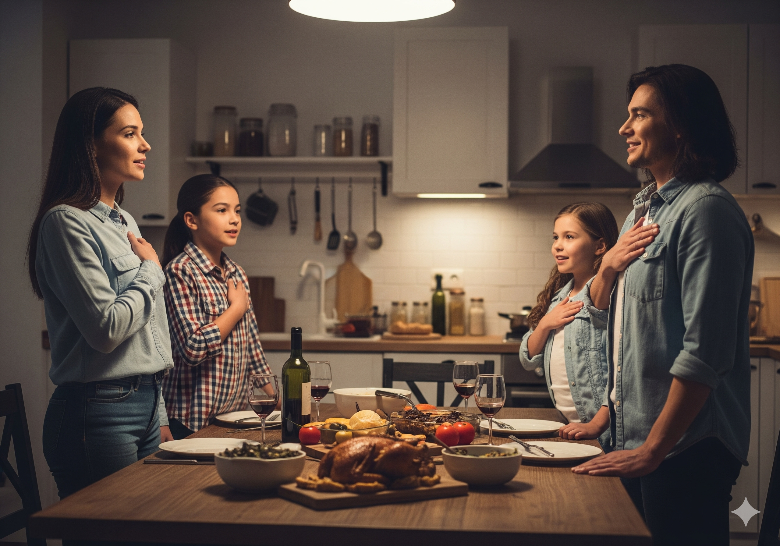 Family saying pledge at dinner table