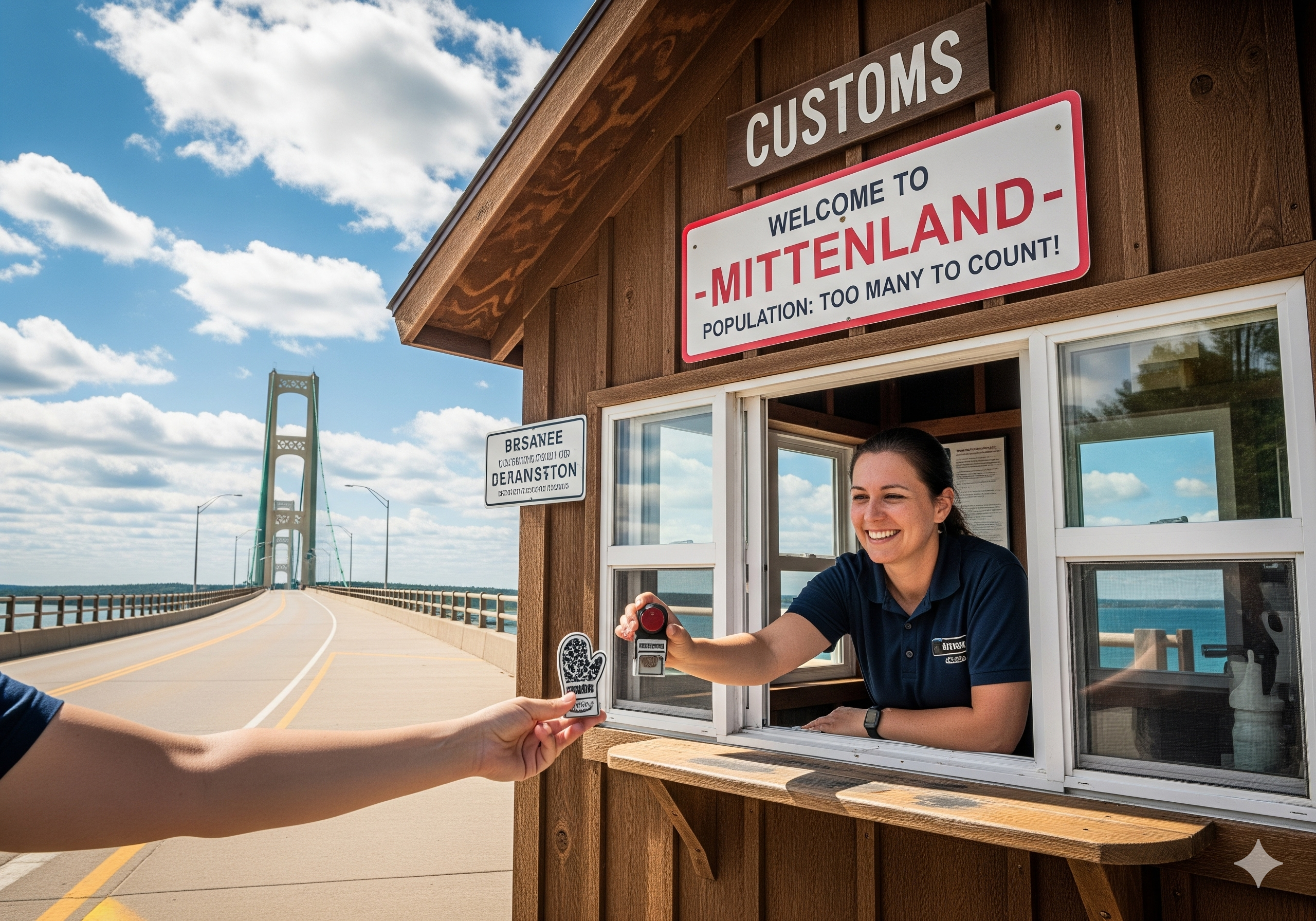 Mackinac Bridge with customs booth